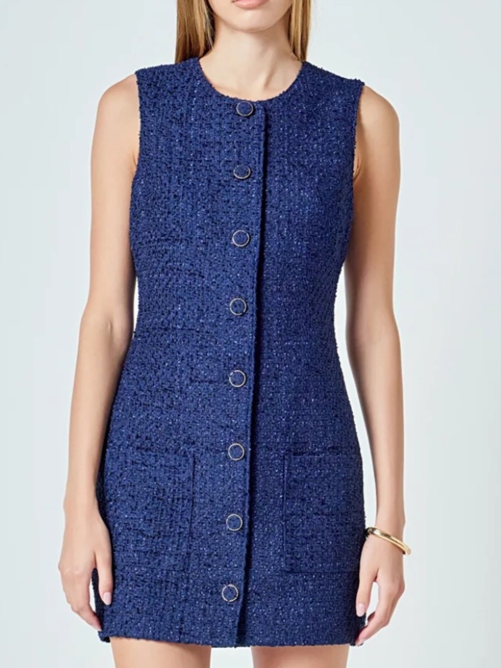 Endless Rose Navy Tweed Button-Front Mini Dress